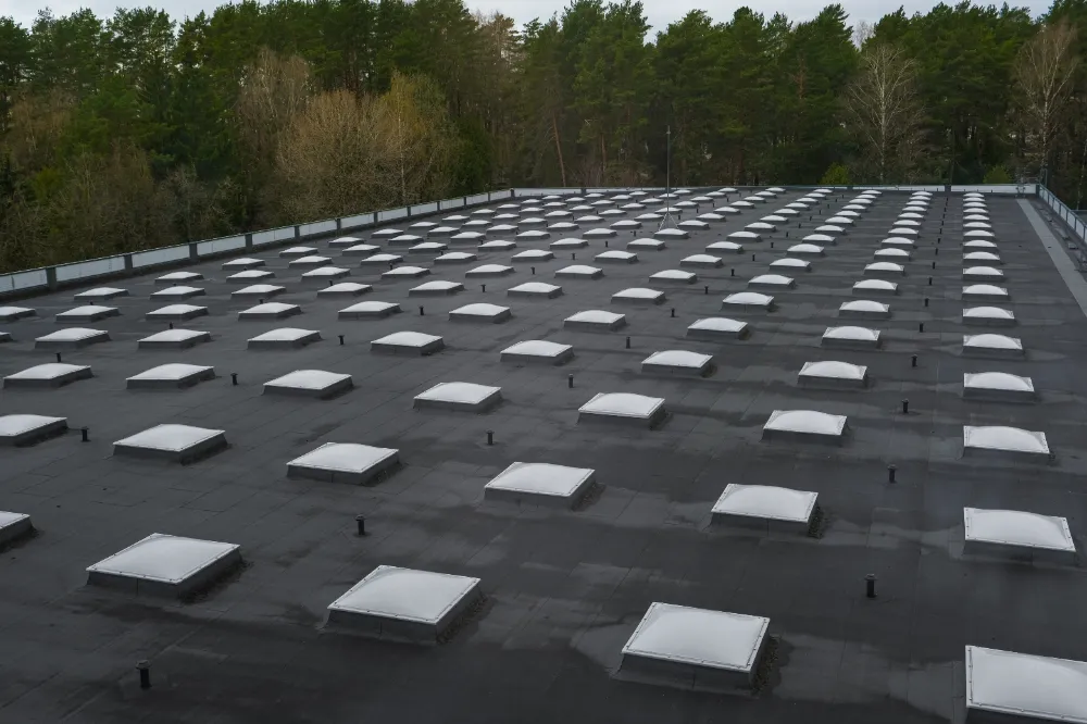 Large commercial building with flat EPDM rubber roof and skylights in Maine.