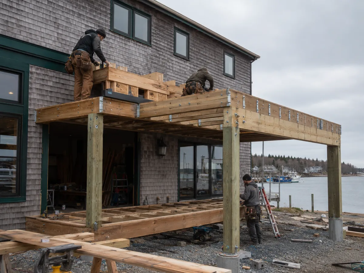 Crew building an elevated commercial deck structure, engineered framing visible