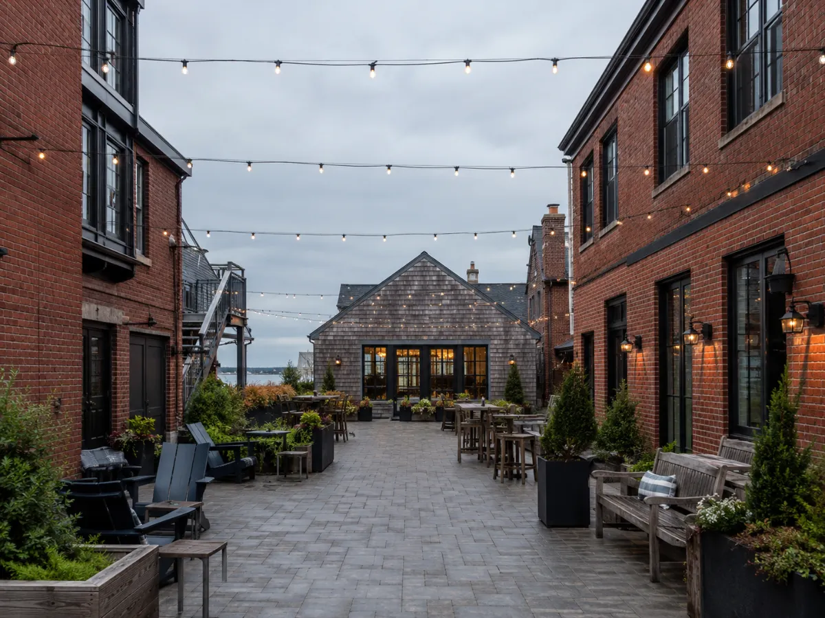 Courtyard commons with seating, planters and string lights between brick buildings
