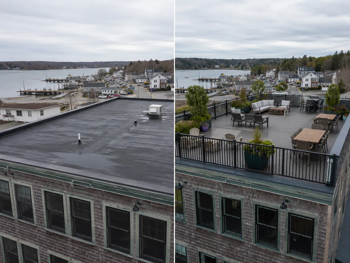 Contrast: empty unused flat roof vs the same roof as a finished amenity deck