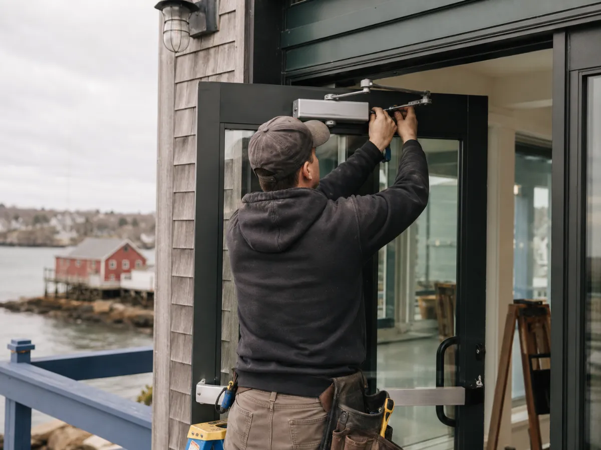 Technician installing hardware and closer on a commercial entry door