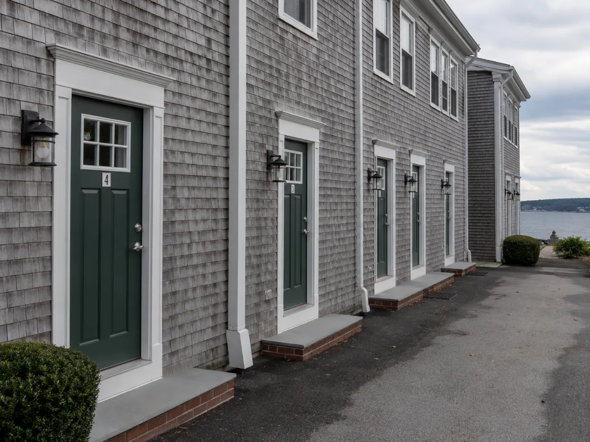 Row of identical well-kept tenant entry doors in a multi-unit property, one clean standard