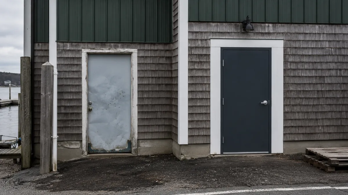 Contrast: dented worn service door vs new sealed insulated commercial door