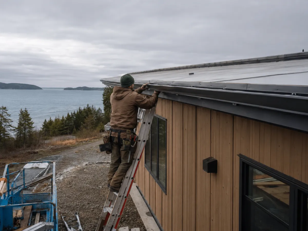 Installer mounting commercial gutter along fascia of a low-slope commercial roof
