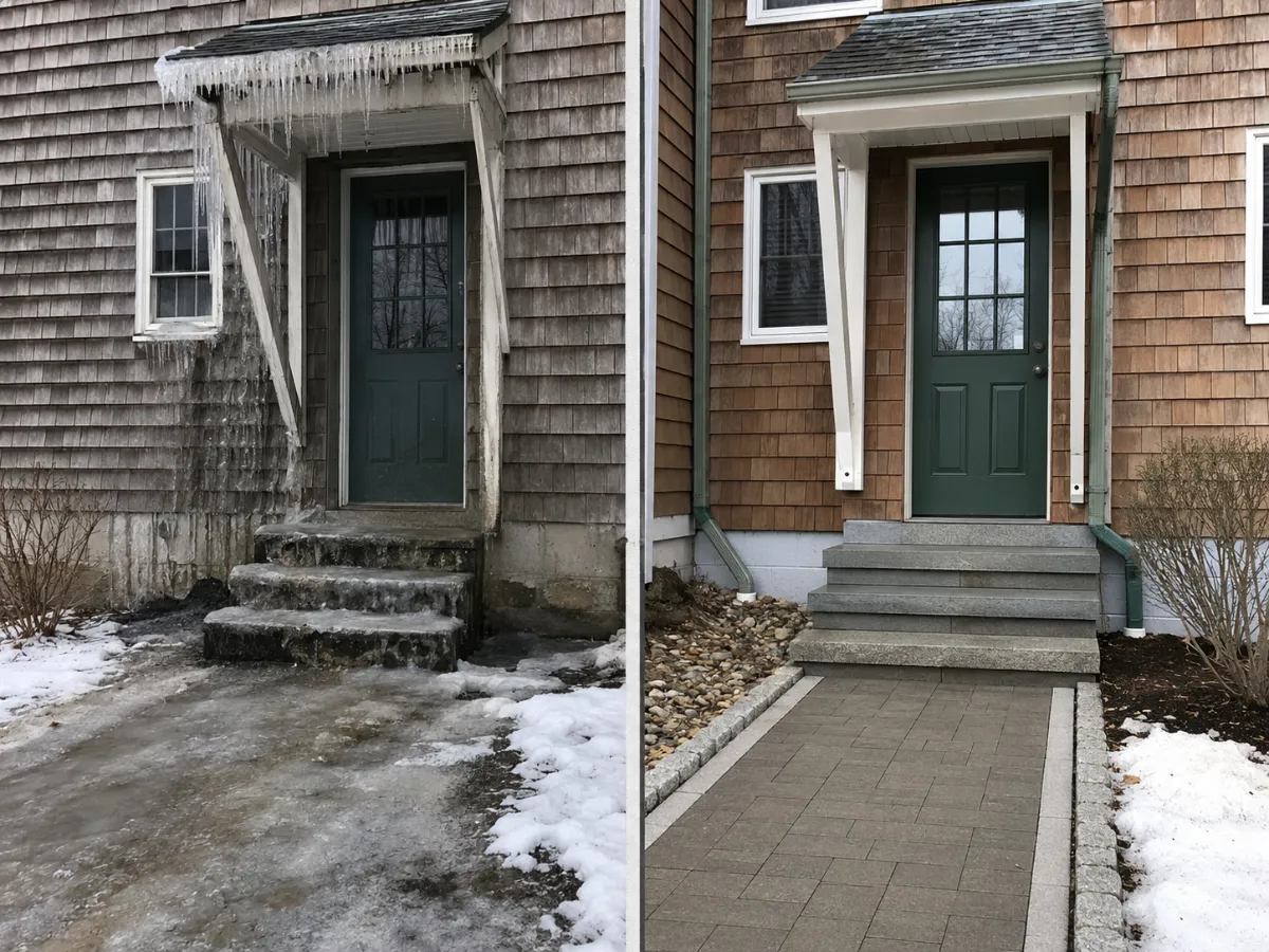 Winter contrast: ice-glazed neglected entrance vs dry clean entrance with managed drainage