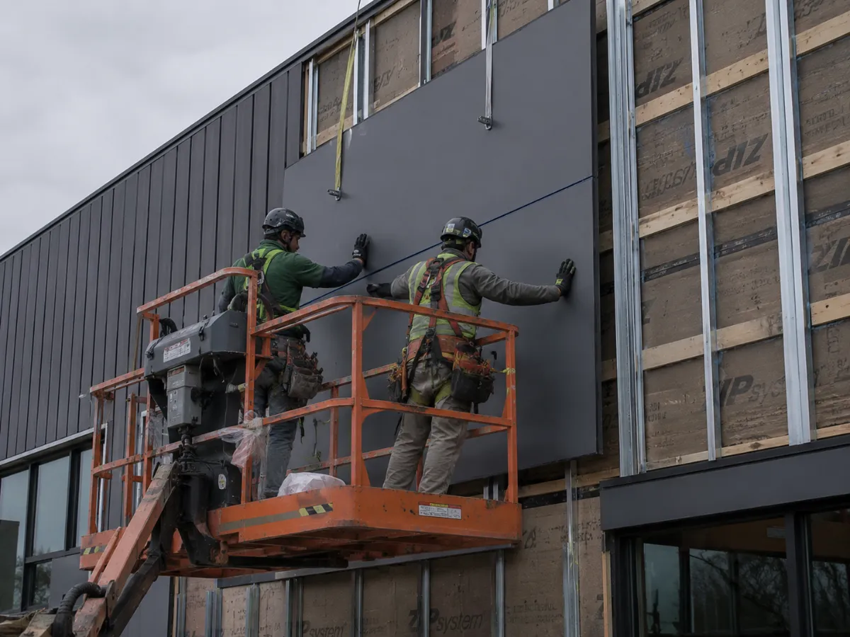 Crew installing large architectural cladding panel on a commercial facade from a lift