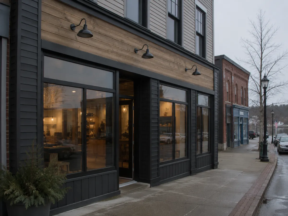 Renovated storefront facade reading modern and professional, small Maine downtown