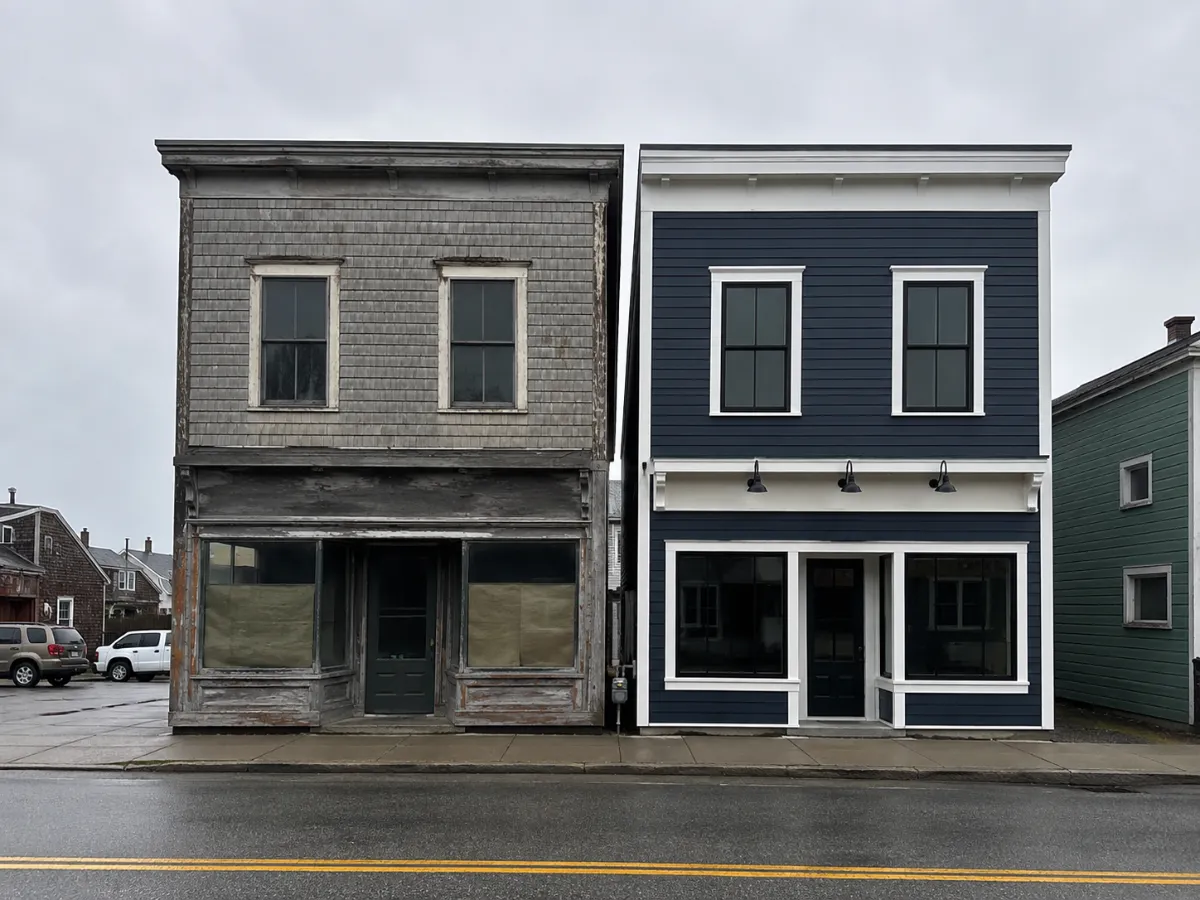 Contrast: tired faded commercial cladding vs crisp modern reclad on similar building