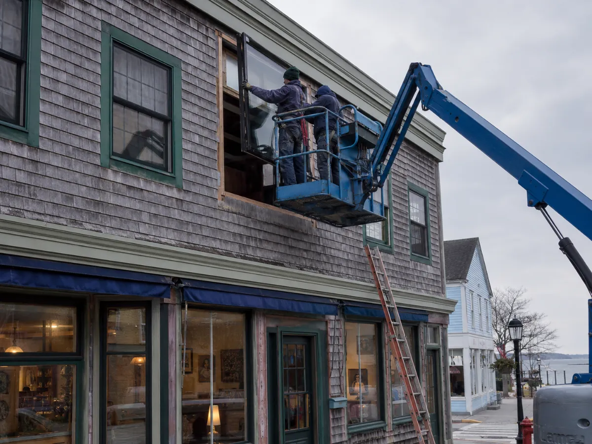 Crew setting a commercial window unit from a boom lift, occupied building