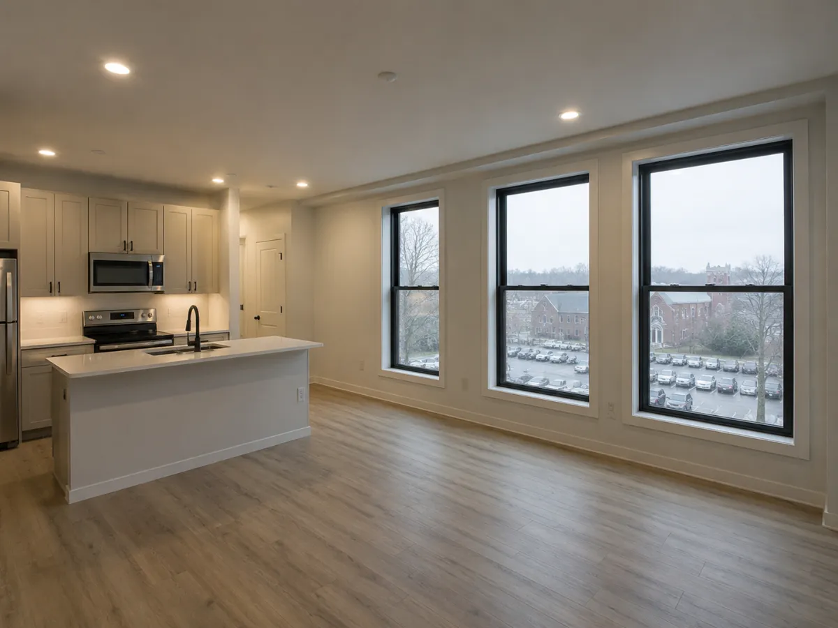 Bright modern apartment interior with new large windows, tenant-ready