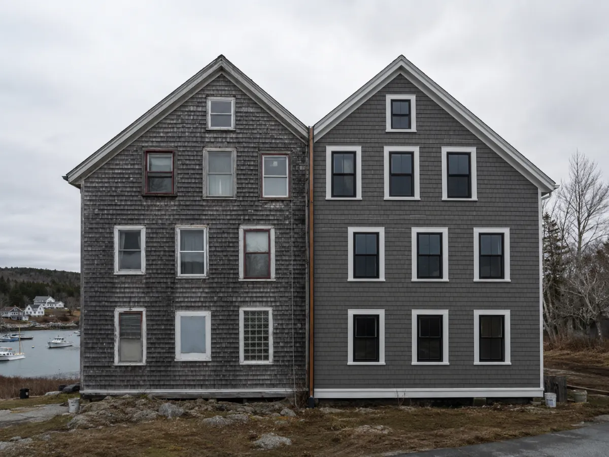 Contrast: facade patchwork of mismatched old windows vs uniform new standard