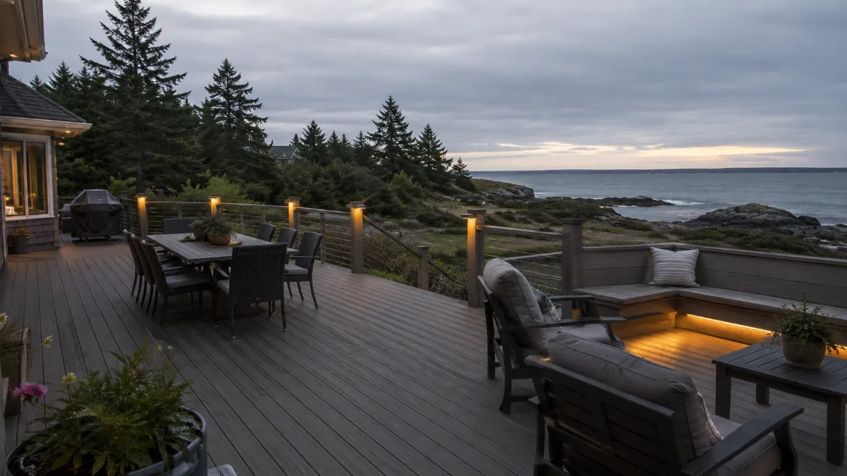 Multi-zone deck: dining area and lounge corner with built-in bench and low-voltage lighting at dusk