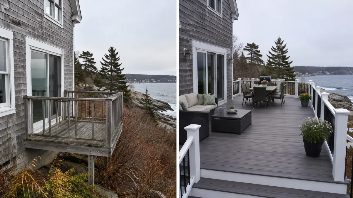 Contrast: tiny gray weathered platform deck vs spacious designed outdoor room on the same style house