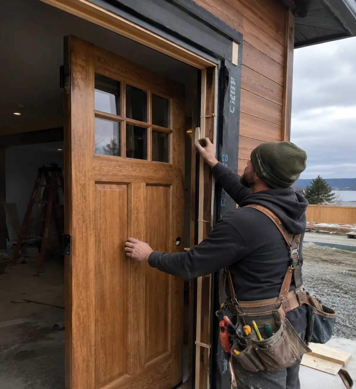 Carpenter hanging and shimming a new wood entry door, careful craftsmanship