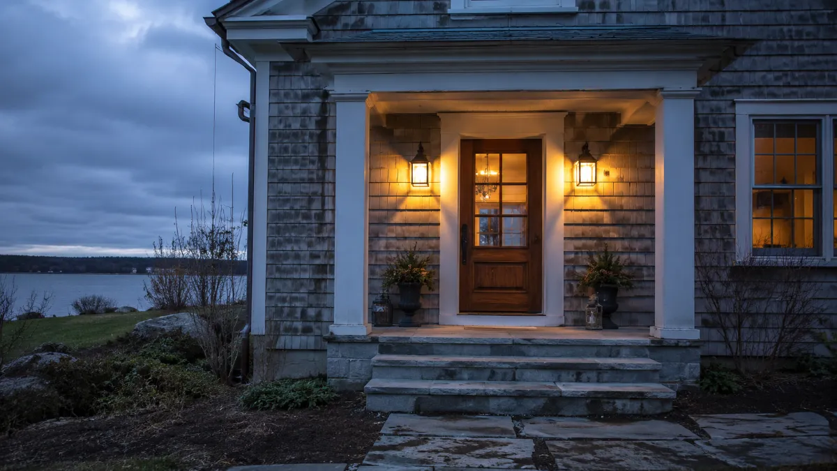 Covered farmhouse entry at evening, warm lantern light on a custom door