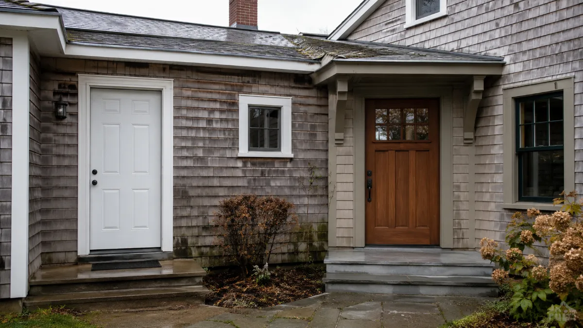 Contrast: plain builder-grade steel door beside a characterful craftsman-style custom door