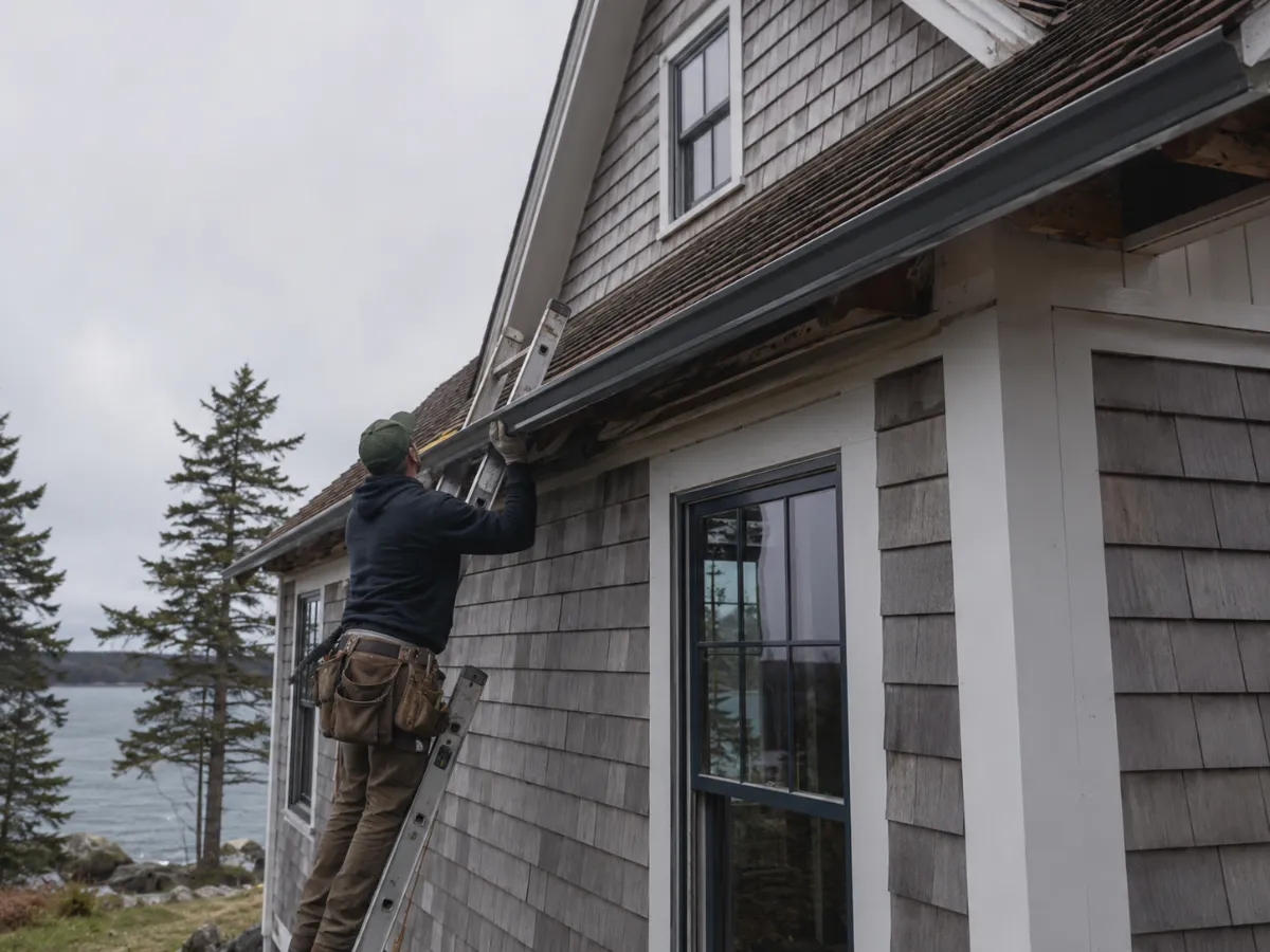 Installer running a continuous seamless gutter along an eave from a ladder