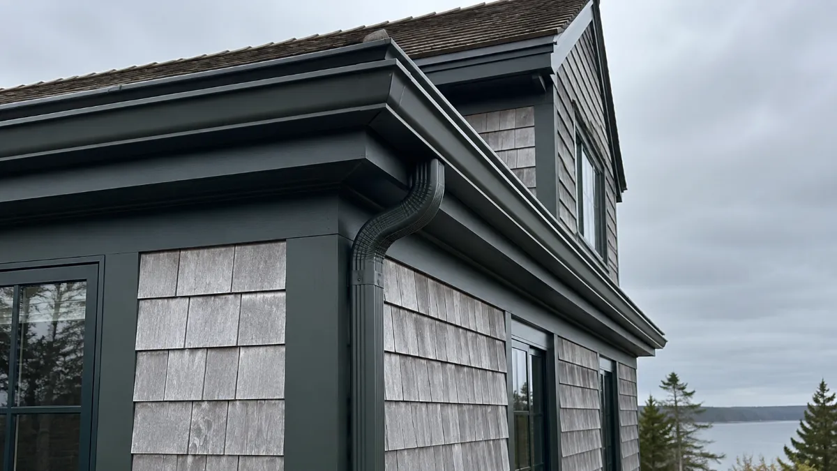 Close-up of a crisp color-matched gutter and neatly routed downspout at a house corner