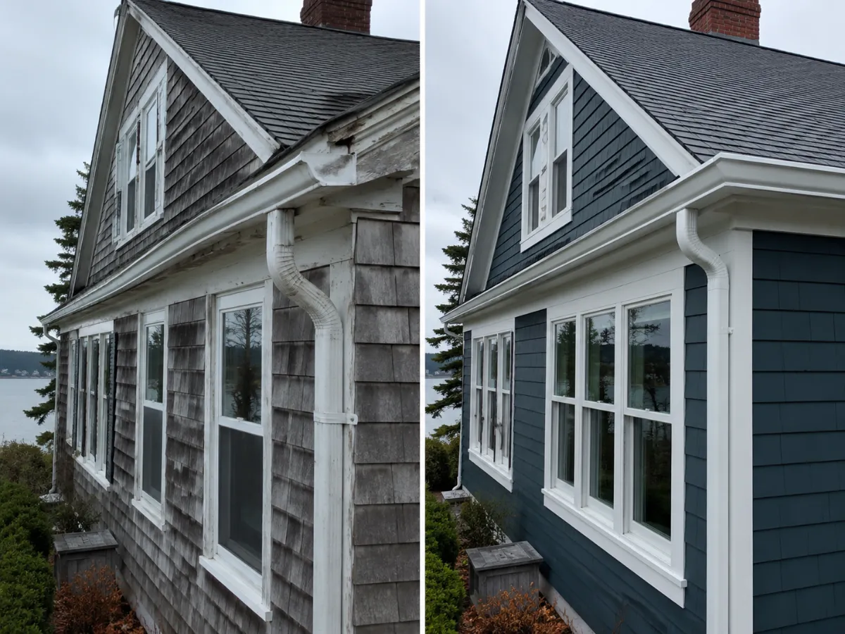 Contrast: sagging bright-white bent gutter vs sleek color-matched seamless line on new exterior