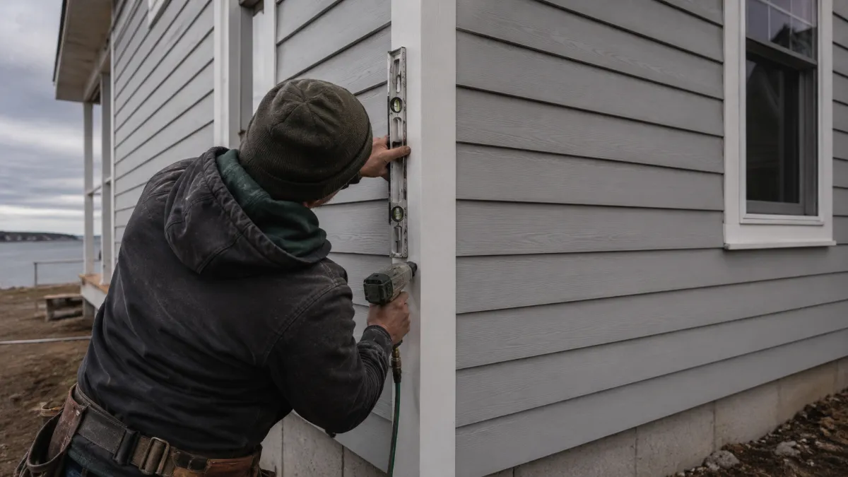 Installer detailing a trim corner on new clapboard siding, level and precision visible