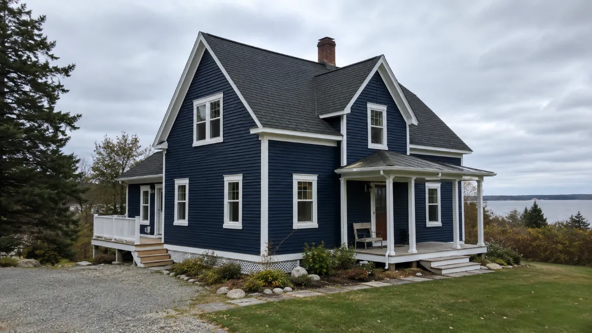 House wearing brand-new deep navy siding with white trim, whole exterior reads intentional and matching