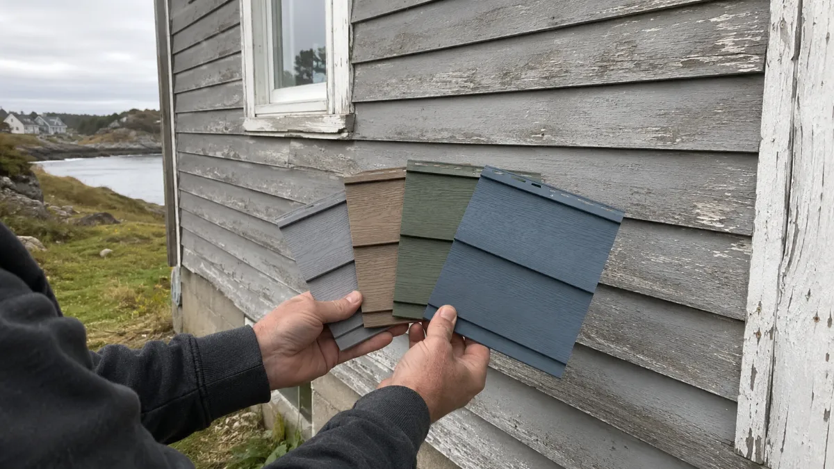 Hands holding siding color samples against an older faded house wall, choosing the new exterior