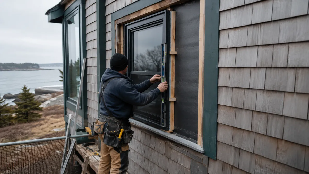 Installer setting a new window unit into a prepared opening, shims and level in hand