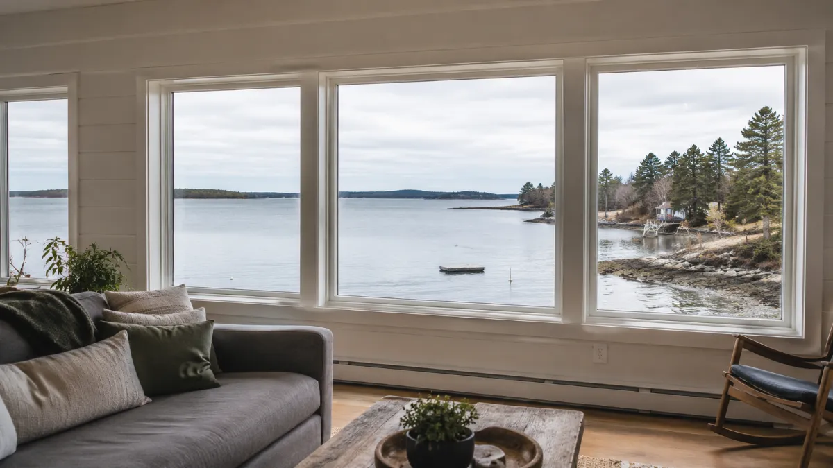 Bright living room interior with large new windows framing a Maine water view