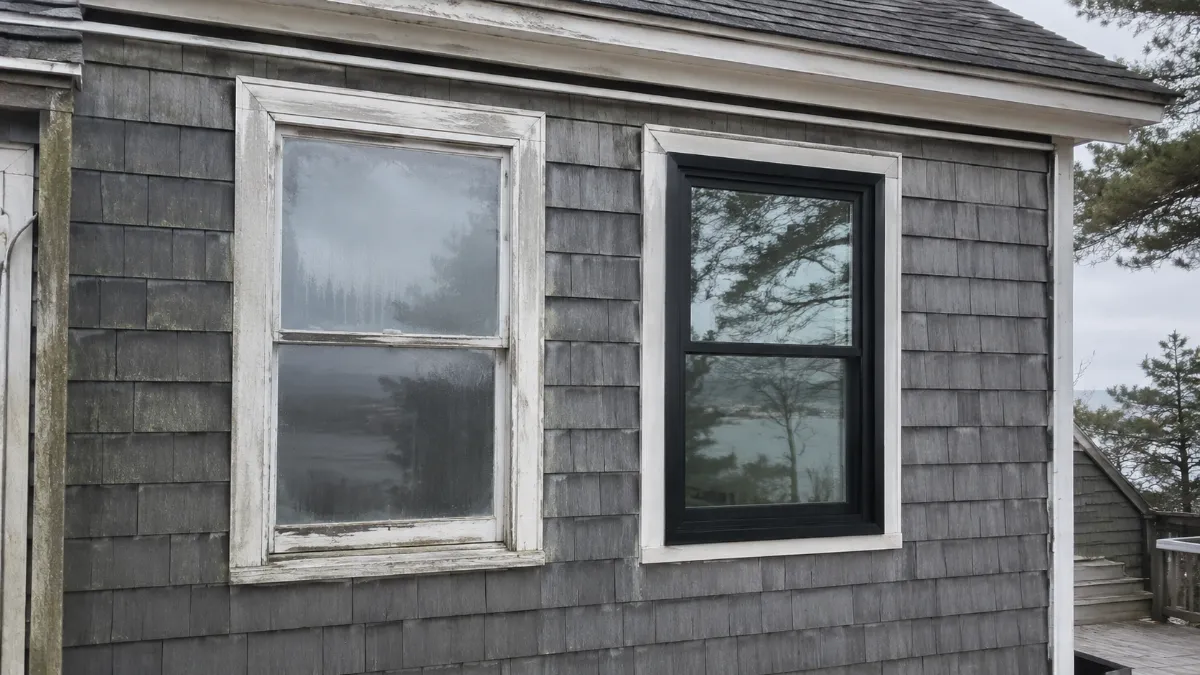 Side-by-side contrast: dated foggy white window sash next to a crisp new black-frame window