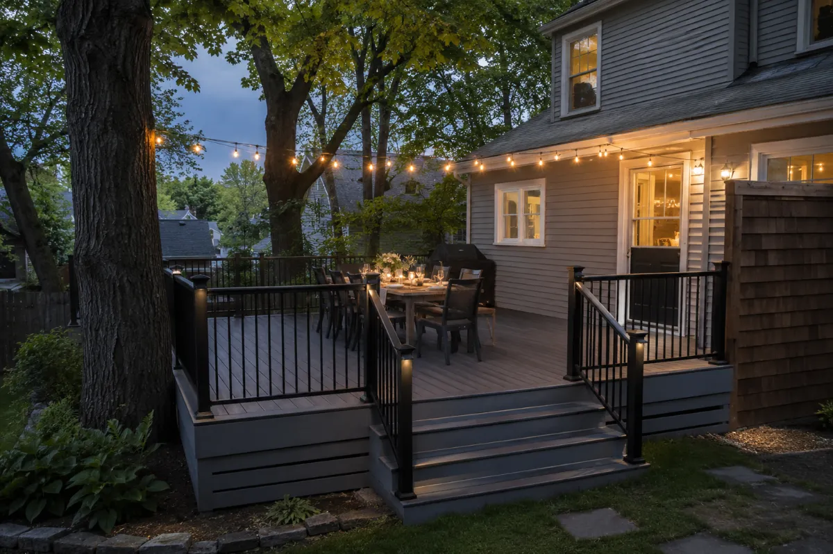 New composite backyard deck at a Bangor family home, string lights and a set table, mature maples, evening