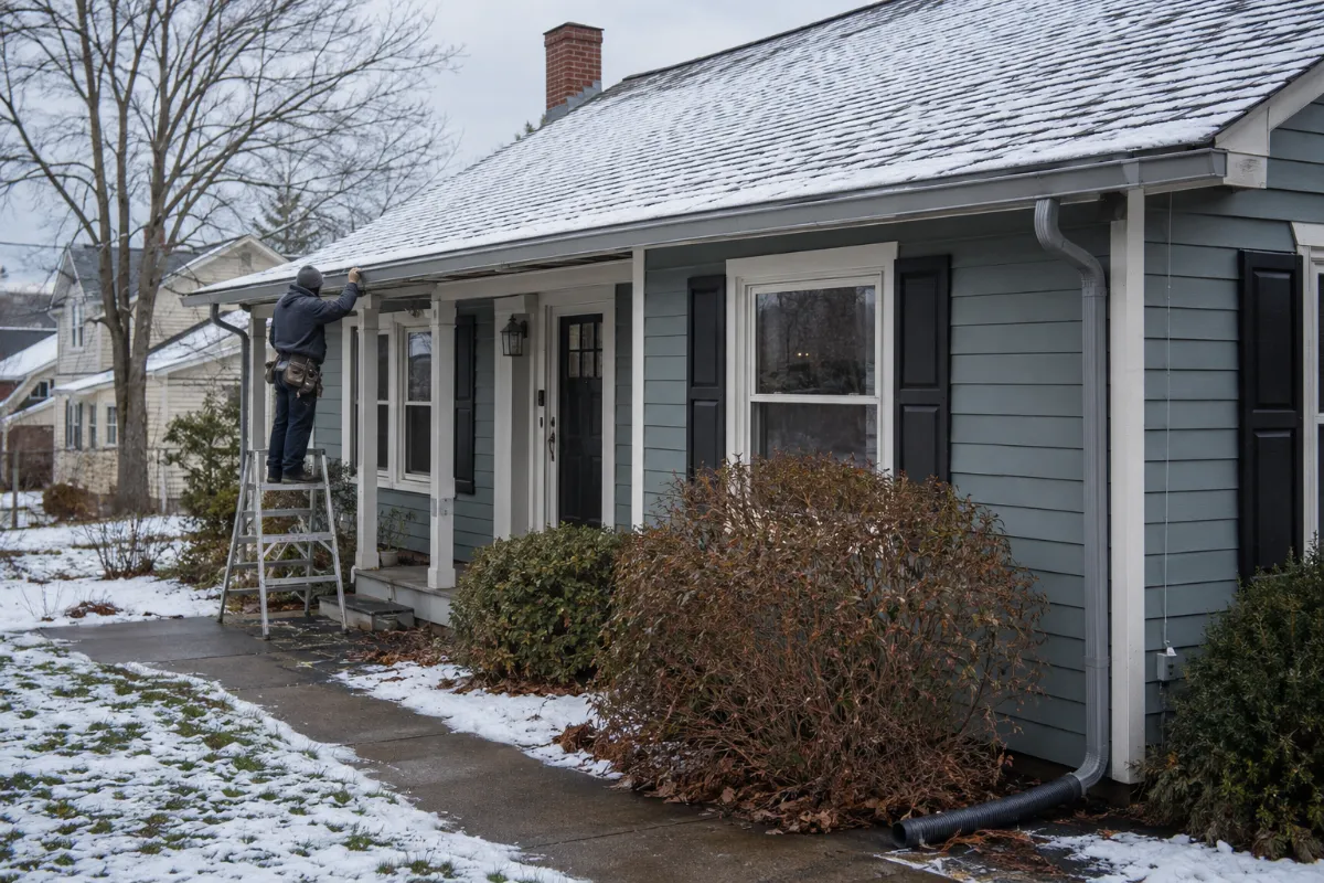Installer hanging seamless gutters along a Bangor home's long eave, snow-dusted roof above, downspout routed clear of the front walk