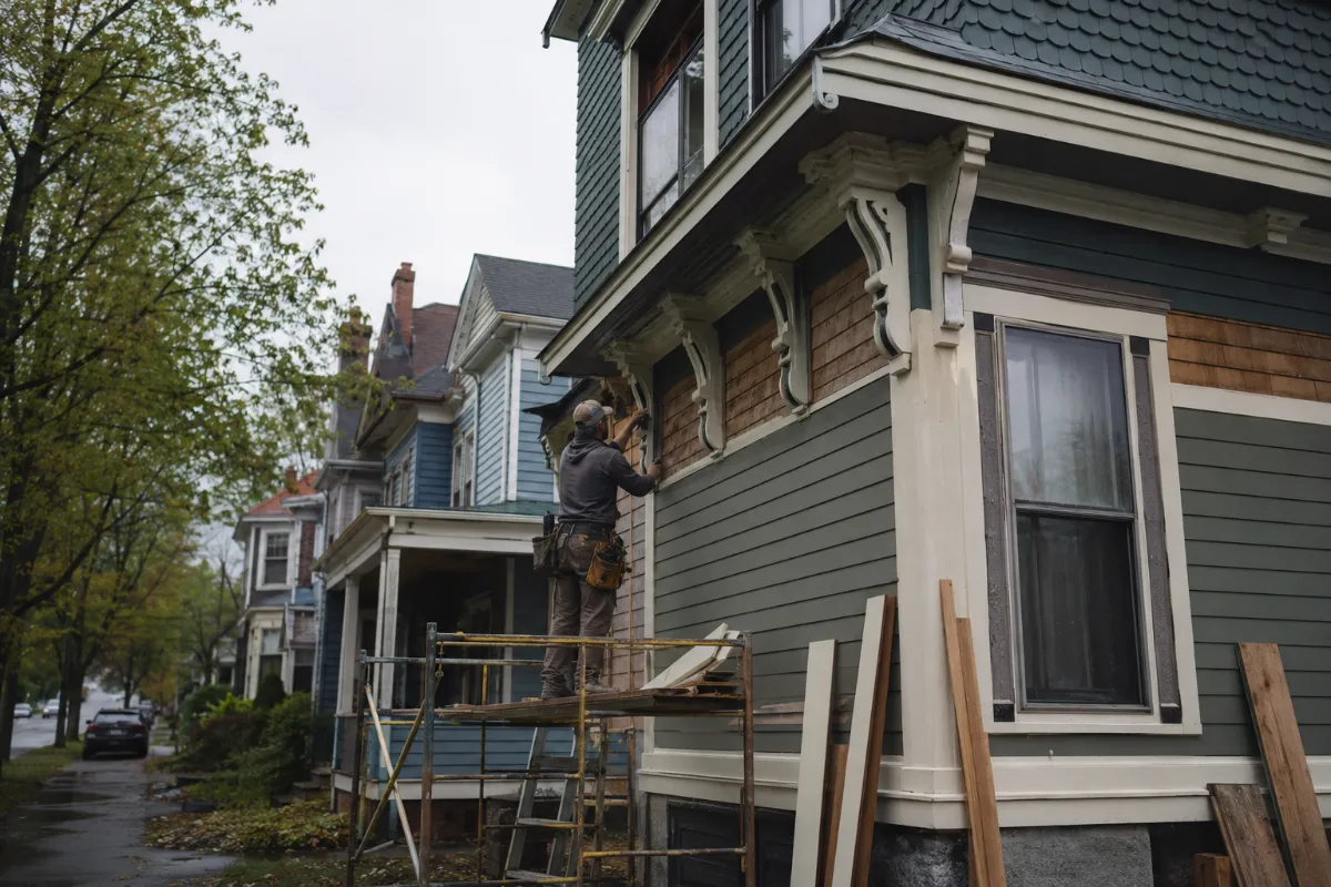 Installer fitting new clapboard siding on a Bangor Queen Anne, fresh trim around ornate brackets, tree-lined city street