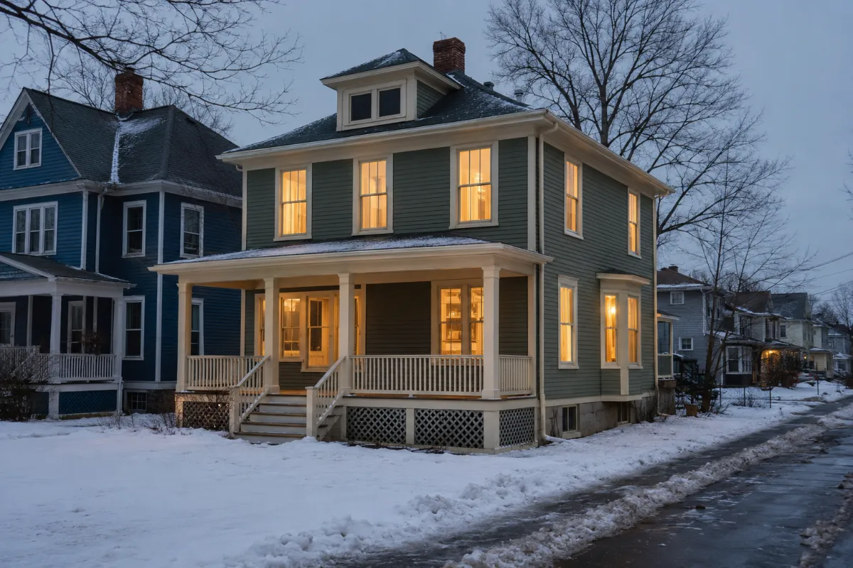 Tall new double-hung windows on a Bangor four-square glowing warm at dusk on a snowy residential street