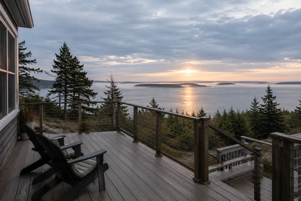 Wraparound deck on a Bar Harbor bluff at sunrise, fog lifting off Frenchman Bay, Adirondack chairs facing the Porcupine Islands