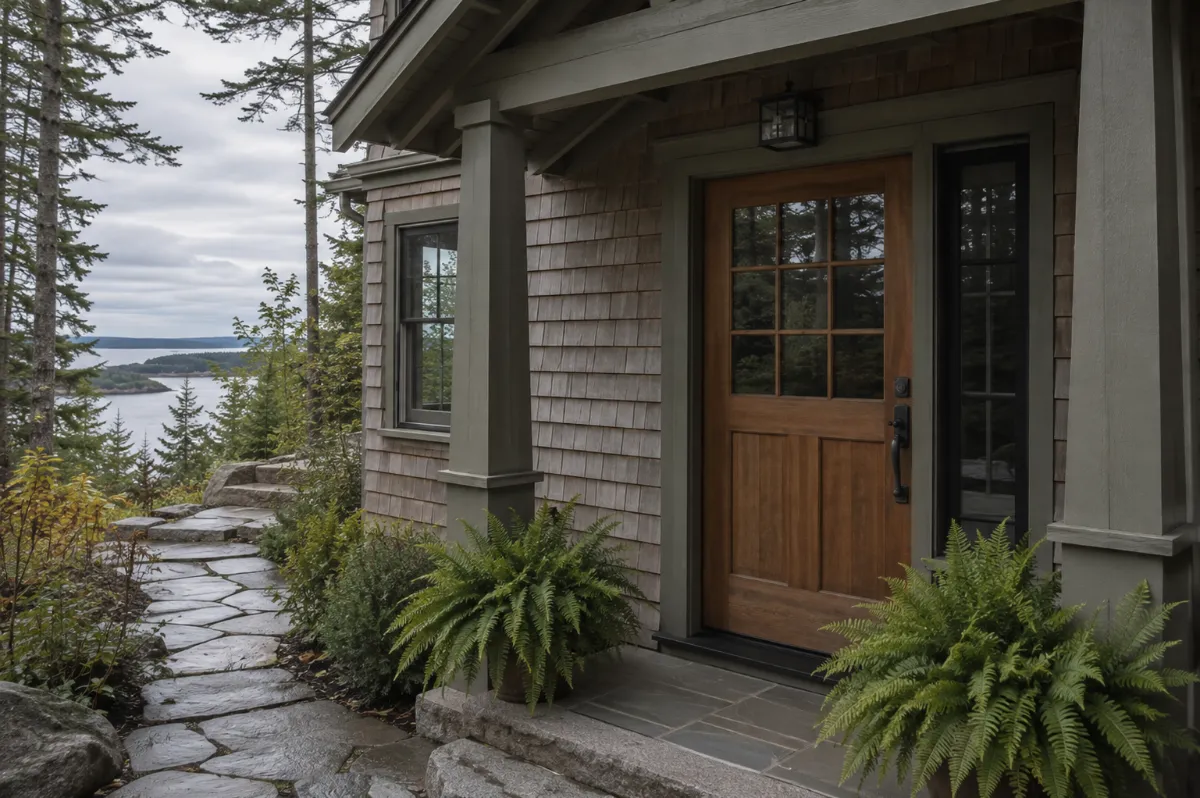 Craftsman wood entry door with divided-lite glass on a shingle-style Bar Harbor cottage porch, ferns and a granite path