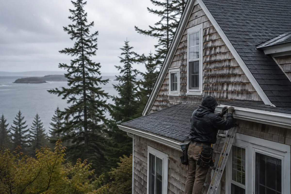 Installer fitting seamless gutters on a steep Bar Harbor cottage roofline in light coastal rain, tall spruce behind