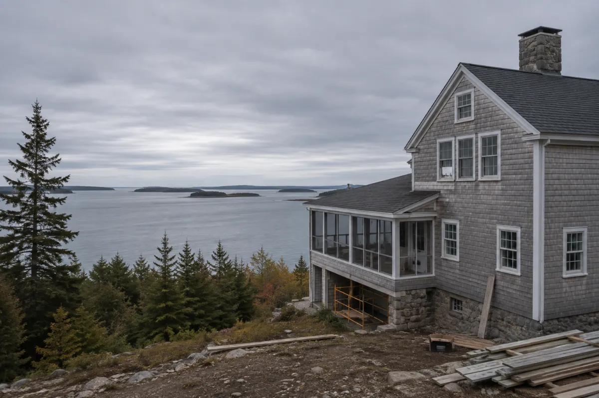 Classic shingle-style Bar Harbor cottage on a rise above Frenchman Bay, the humped Porcupine Islands scattered offshore, spruce trees framing the view