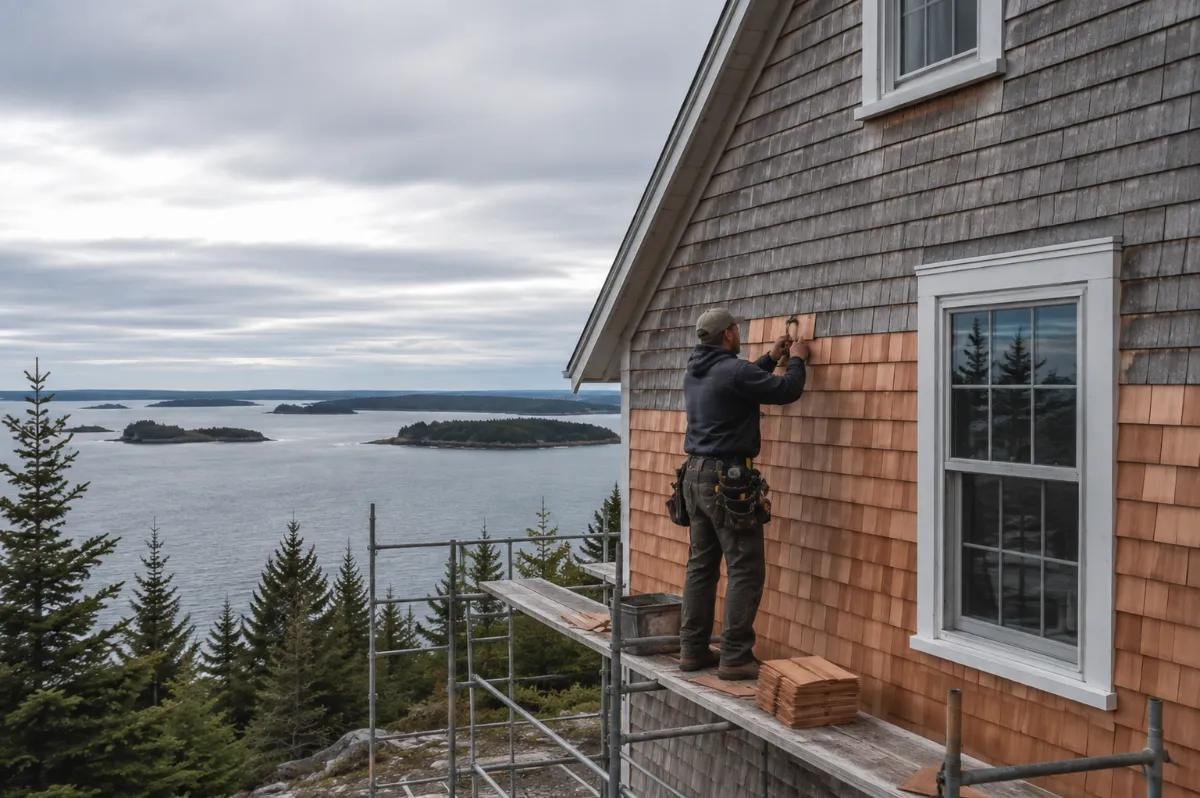 Carpenter installing natural cedar shingle siding on a Bar Harbor coastal cottage, fresh coppery courses against silvered older ones