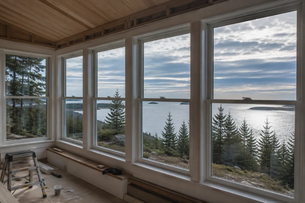 Sunroom of a Bar Harbor home with large new windows framing Frenchman Bay, morning light on the water and islands