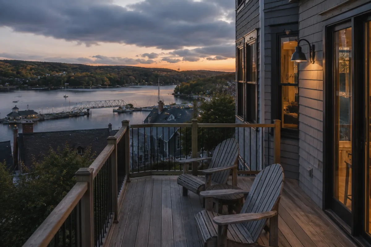 Back deck of a Belfast home overlooking the harbor and footbridge at dusk, warm evening light on the water