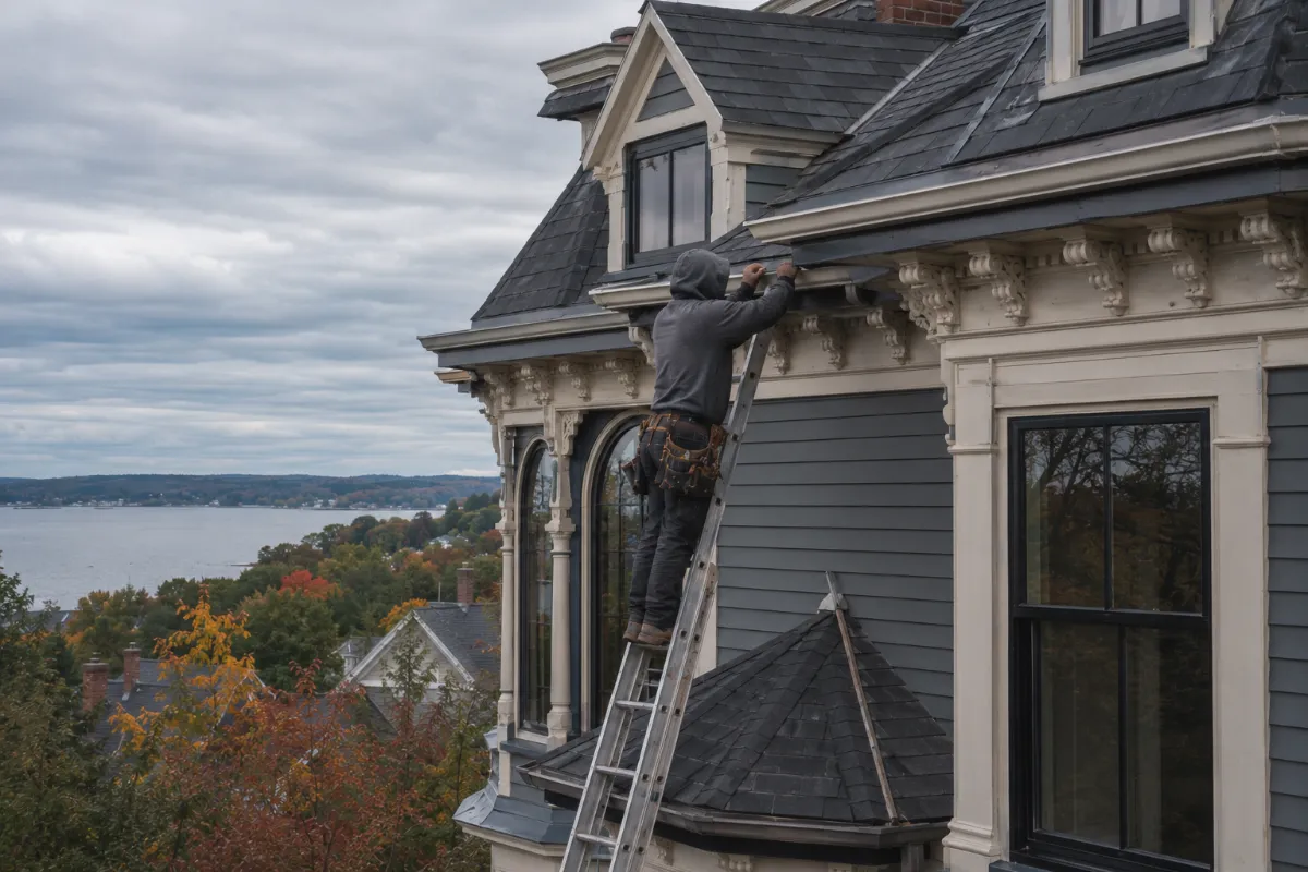 Gutter installer working the complex roofline of a Belfast Victorian, fall foliage and a glimpse of the bay behind
