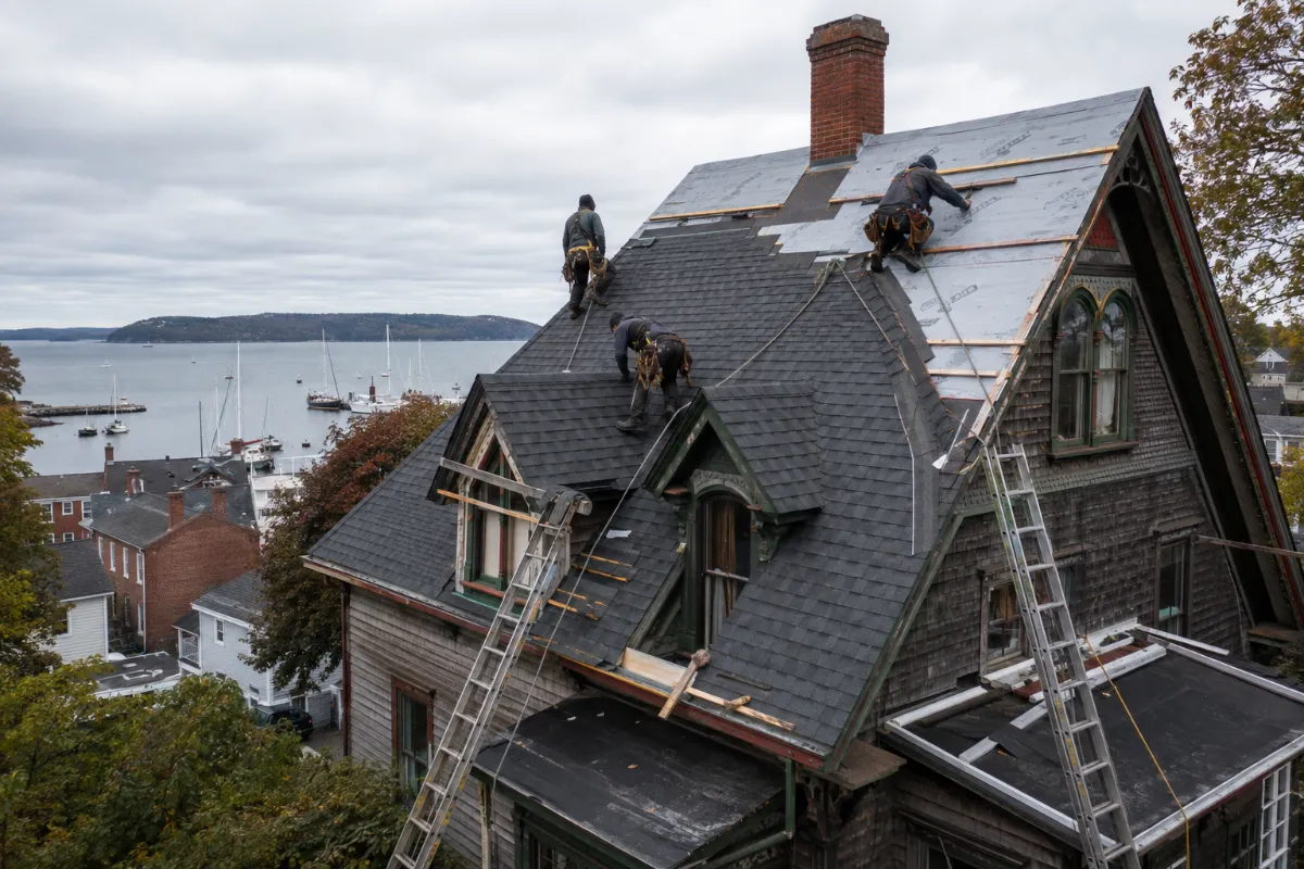 Roofers on the steep roof of a Belfast Victorian installing slate-gray architectural shingles, harbor masts and Penobscot Bay below