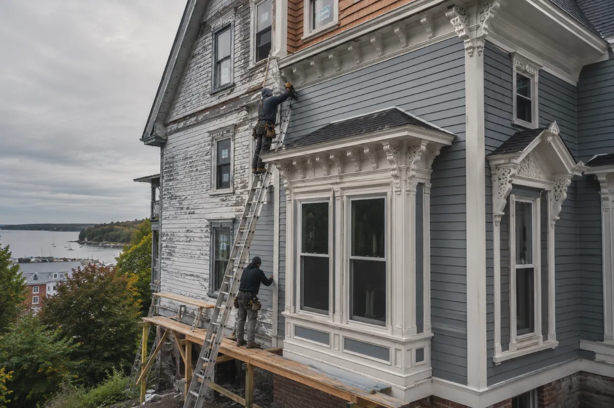 New clapboard siding going up on an ornate Belfast Victorian, fresh trim detail around gingerbread brackets and a bay window