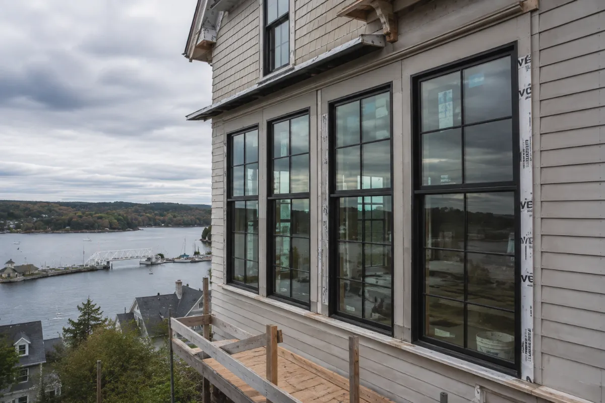 Tall new black-frame windows on a Belfast hillside home, view down over rooftops to the harbor footbridge