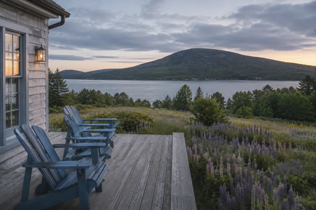 Deck at a Blue Hill farmhouse with Adirondack chairs facing the bay, lupines in the field, soft evening light