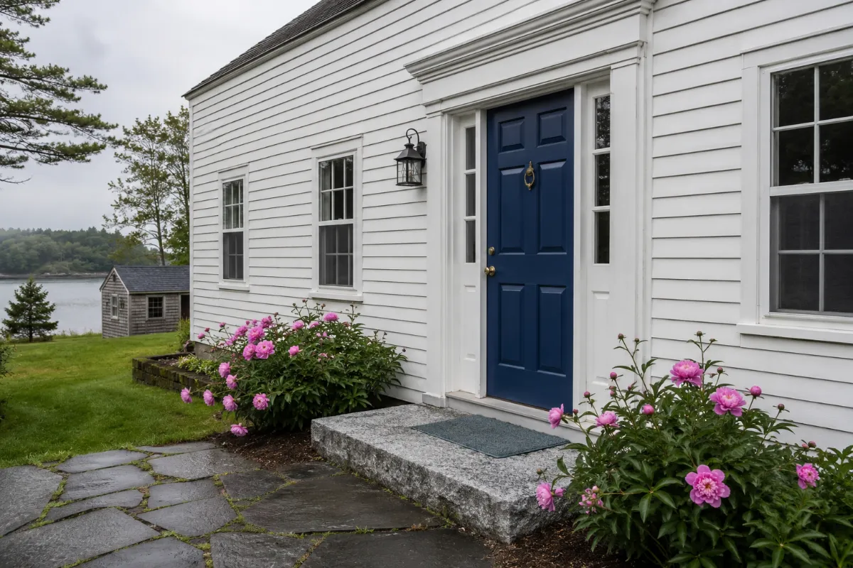 Classic farmhouse door painted ocean blue on a white Blue Hill cape, granite doorstep and peonies along the foundation
