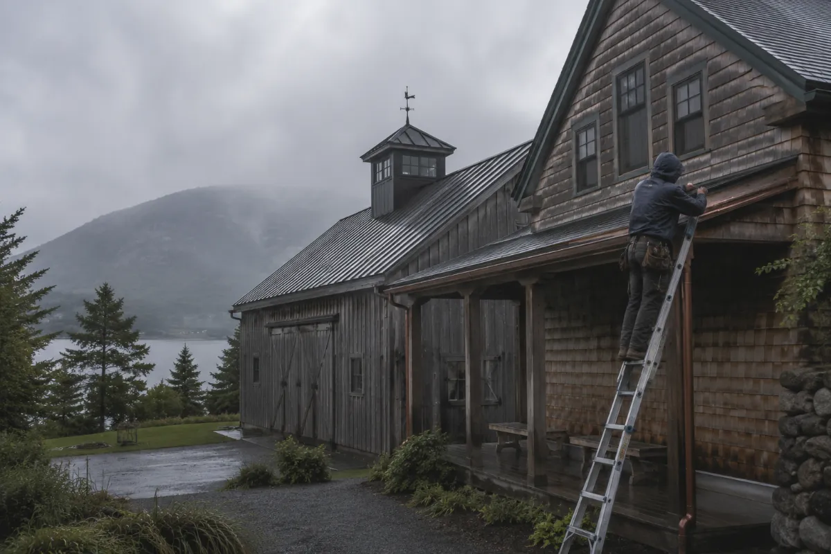 Gutters being fitted along a Blue Hill connected farmhouse and barn in soft rain, the mountain faint in the mist