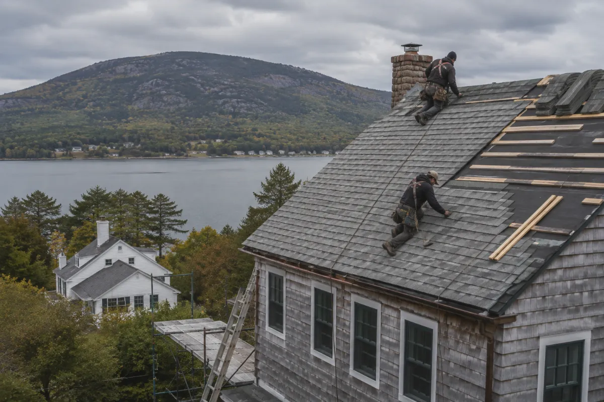 Roofers installing weathered-gray architectural shingles on a Blue Hill salt-water farmhouse, the mountain and bay behind