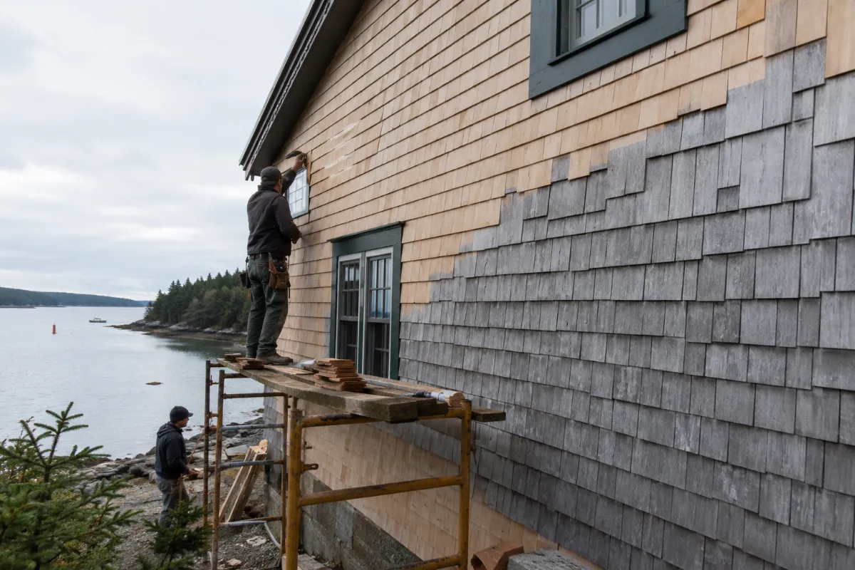 White cedar shingle siding going up on a Blue Hill bayfront cottage, courses fading from fresh cedar to weathered silver