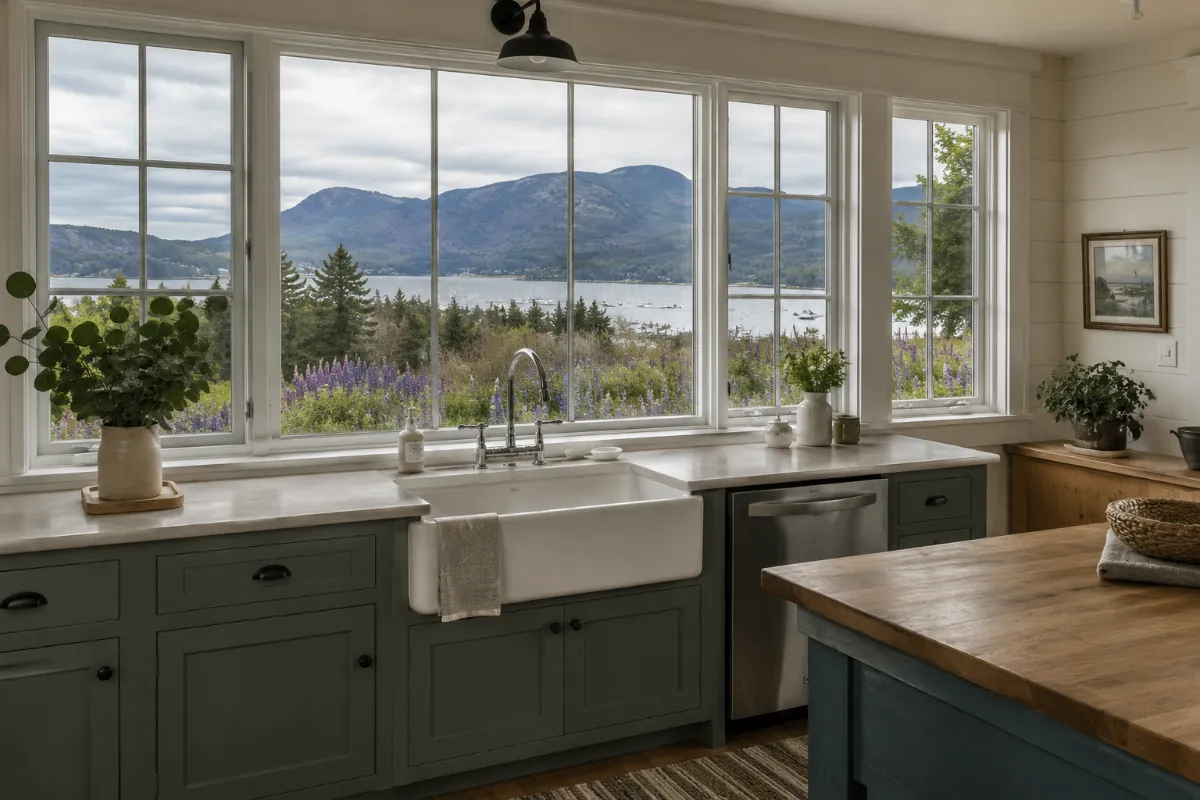Farmhouse kitchen in Blue Hill with new windows framing the bay and Blue Hill mountain, lupines blooming outside